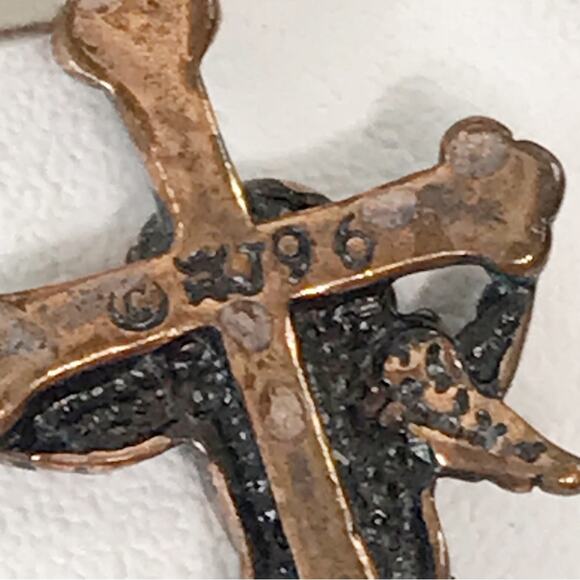 Artist Signed J96 Etched Copper Cherub Angel on Cross Drop Earrings - Picture 2 of 12